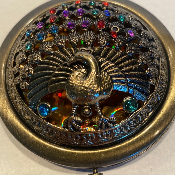 NWOT Brass Double Mirror Compact, Raised Jeweled Design with Peacock - Picture 2 of 5